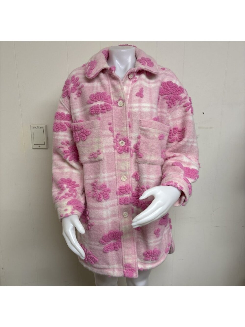 Fleece Jacket Teddy Sherpa Womens S Pink High Pile Wool Blend Floral Shacket